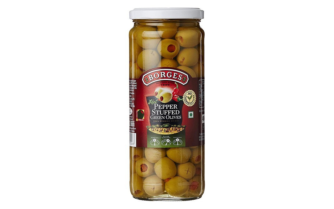 Borges Hot Pepper Stuffed Green Olives   Glass Jar  450 grams